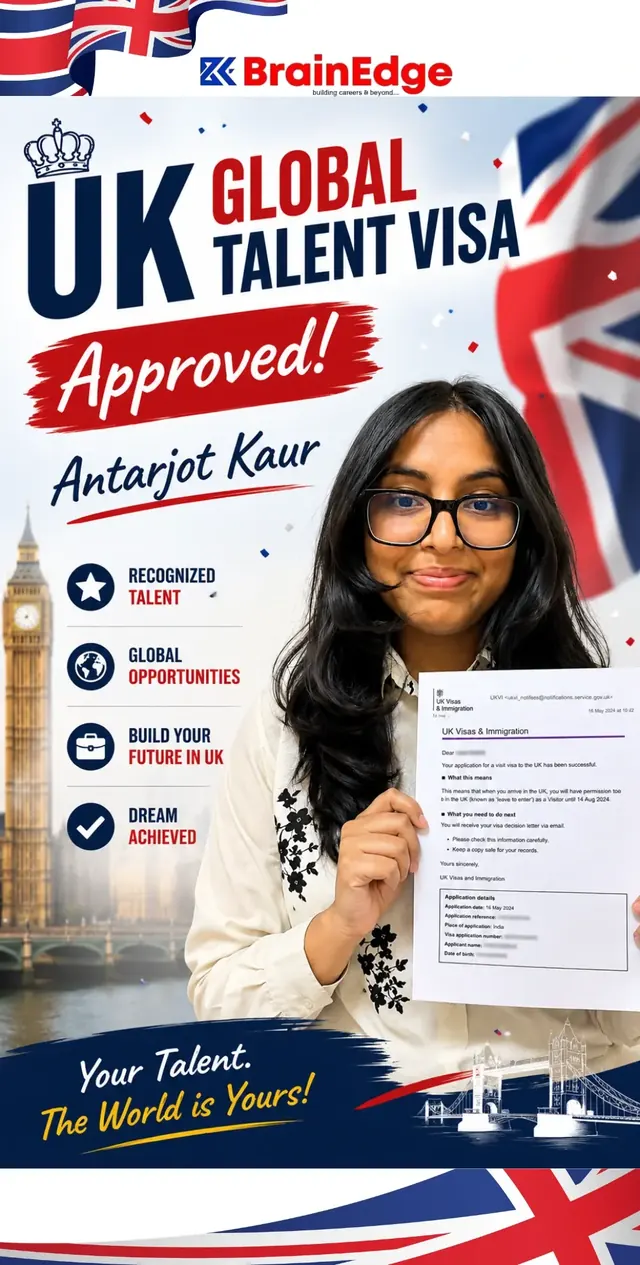 Antarjot Kaur holding her UK Global Talent Visa approval, secured with BrainEdge UK visa consultants