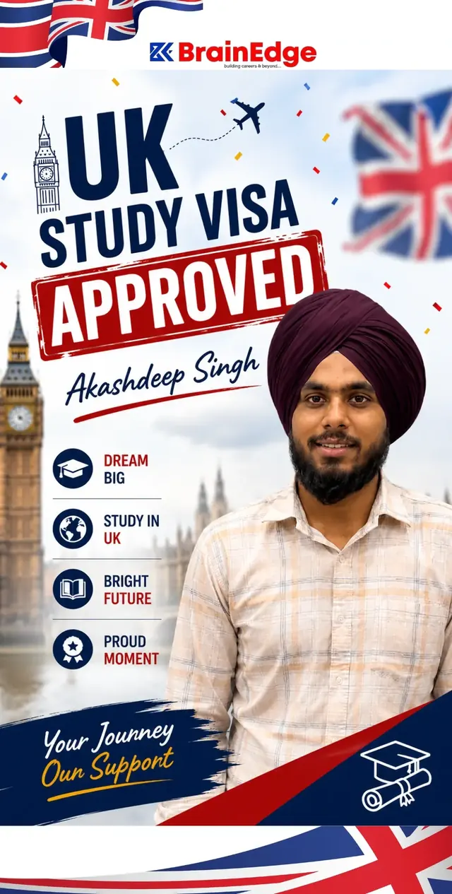 Akashdeep Singh with his UK Study Visa approval, received in 15 days with BrainEdge