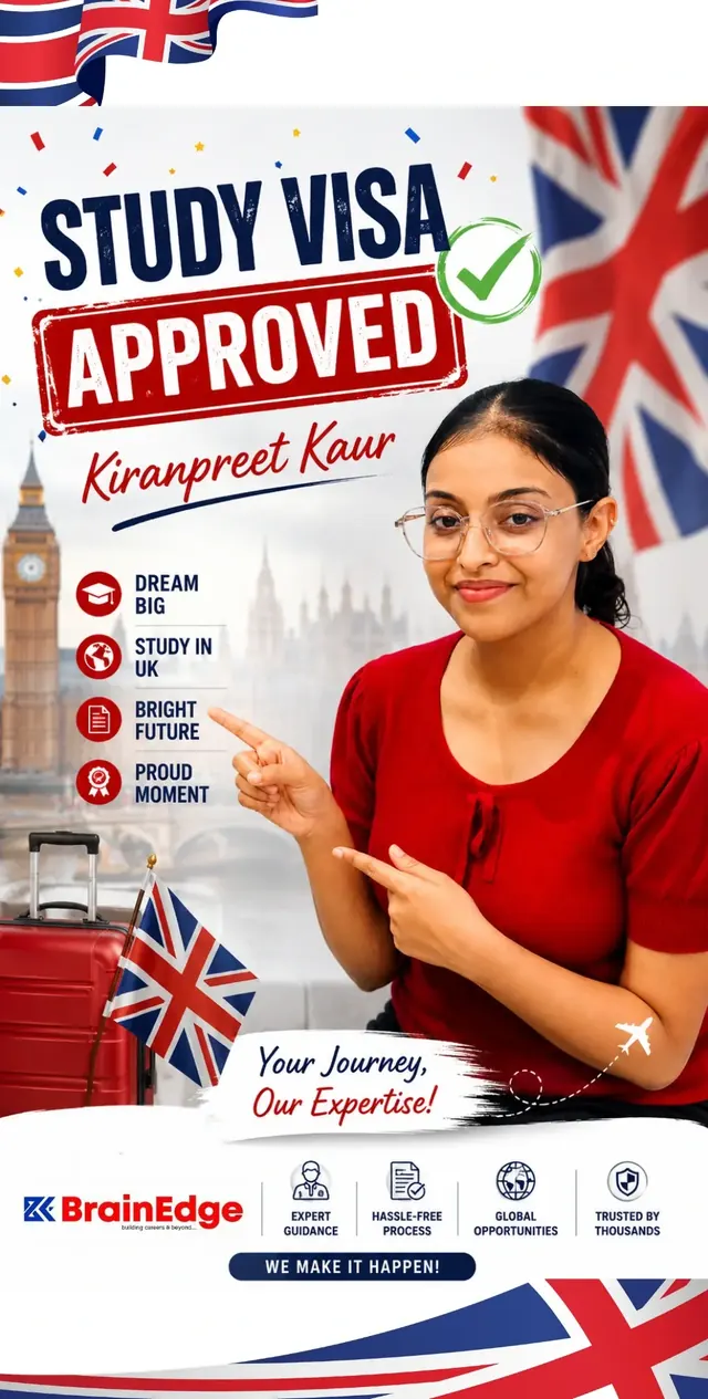 Kiranpreet Kaur with her UK Study Visa approval, received in 3 days with BrainEdge